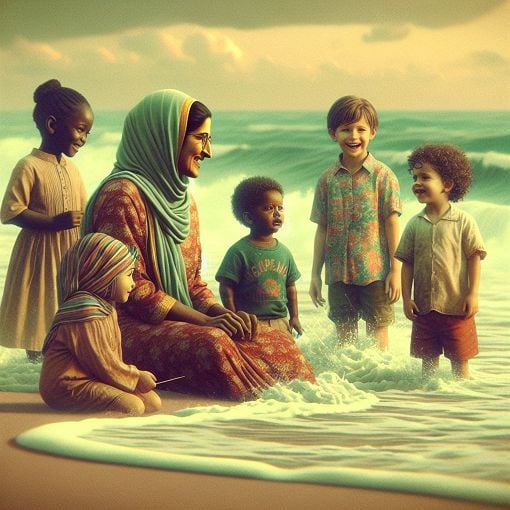 A nostalgic scene capturing a vintage photograph of a mother and her childhood friends at the beach, surrounded by the sea and a gentle breeze, with a hint of sadness and memory in the air.