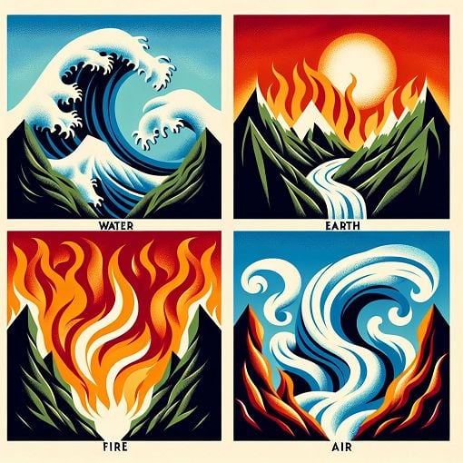 A vibrant illustration depicting the four elements: water, earth, fire, and air, intertwined in a dynamic and harmonious way, symbolizing diverse personalities and bending styles.