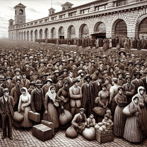 A historical depiction of Ellis Island with immigrants waiting in line, early 20th century style.