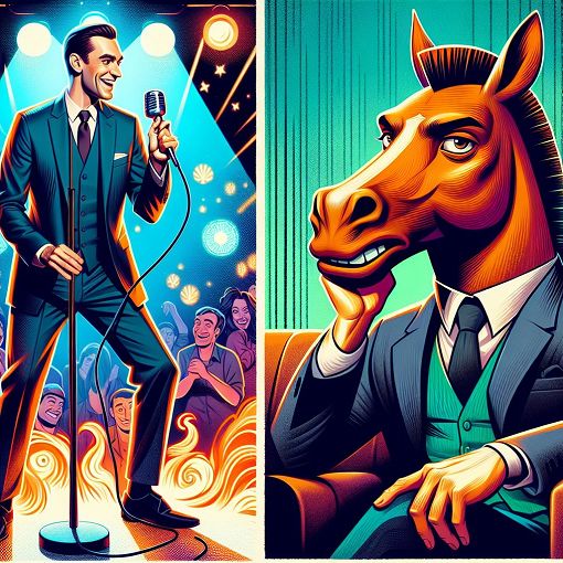 Create an image featuring a split scene with John Mulaney performing stand-up on one side and Bojack Horseman in a contemplative pose on the other, with a humorous and colorful background.