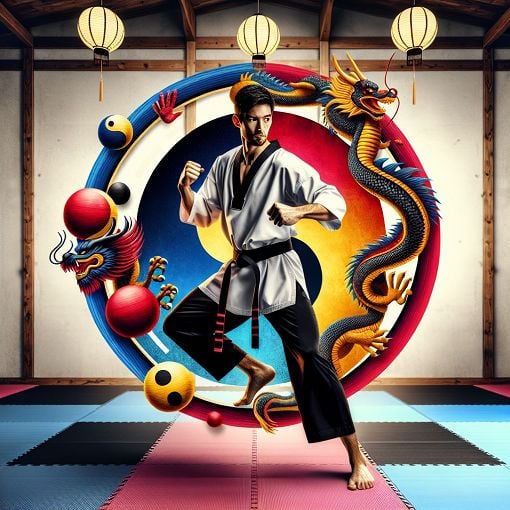 A visually engaging image of a black belt in Taekwondo, surrounded by traditional martial arts symbols and a dojo background, with a vibrant and energetic feel.