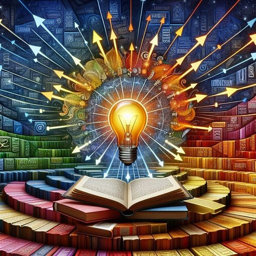 A visually engaging image depicting words and phrases with arrows pointing to their meanings, set against a colorful background of books, taught vocabulary, and a lightbulb to symbolize learning.