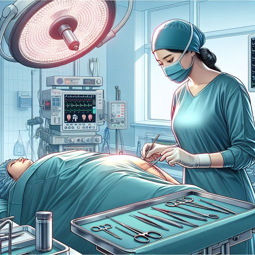 Create an informative and engaging illustration depicting a surgeon performing a total hip replacement surgery in a modern operating room setting, showing the surgical tools and a patient on the operating table.