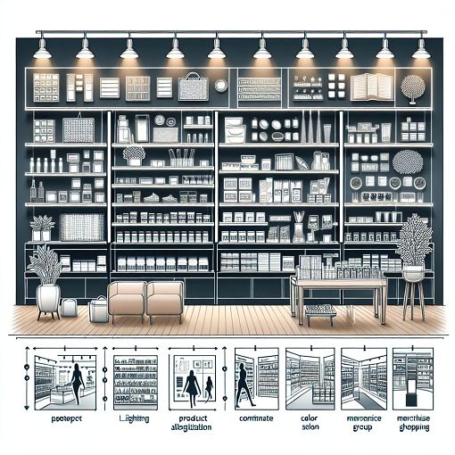 Generate an image of a retail store shelf with various product categories displayed clearly, highlighting visibility metrics like shelf space and visual merchandising, in a modern and engaging style.