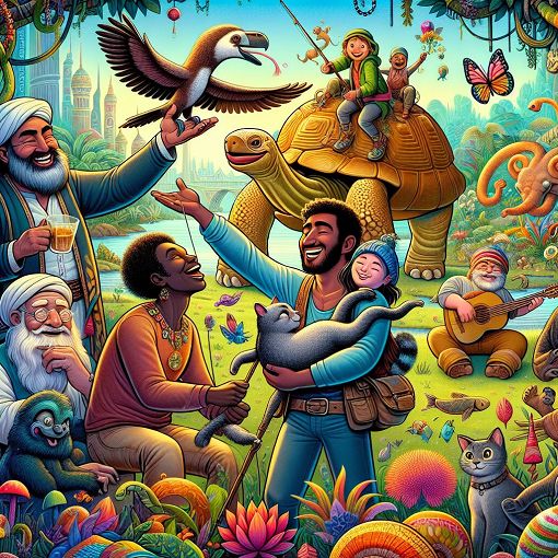 A whimsical illustration of a diverse group of friends engaging in various activities related to pets, chaos, and adventure, with cartoonish characters expressing joy and camaraderie, set in a colorful, magical landscape.