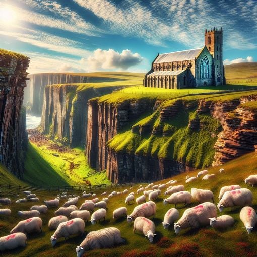 A picturesque landscape of Orkney islands, showcasing rugged cliffs, a historic cathedral, and traditional sheep, under a bright blue sky.