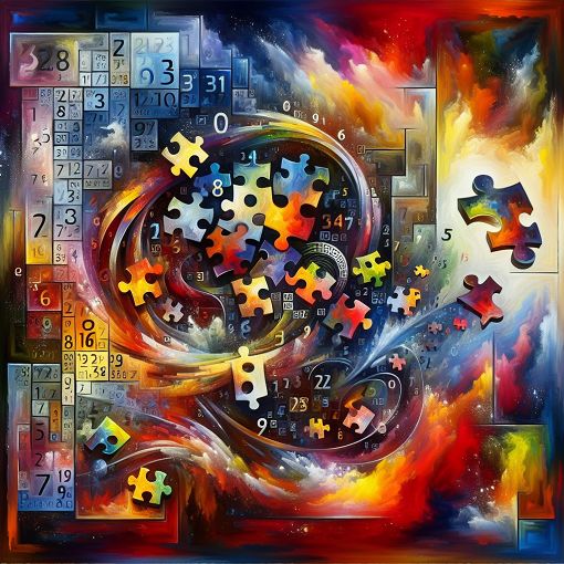 An abstract representation of numbers and puzzles intertwined, with a vibrant and colorful background.