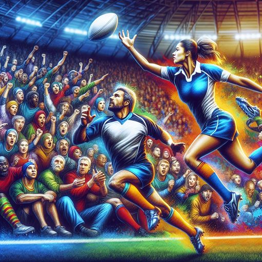 A vibrant and dynamic illustration of a rugby match with players in action, a rugby ball mid-air, and cheering spectators in a stadium, capturing the excitement of the sport.