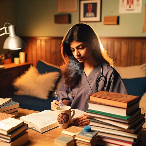 A medical college student studying psychology with books and notes in a cozy study environment.