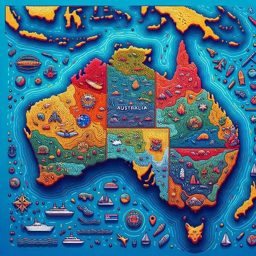 A vibrant, colorful map of Australia highlighting its states, neighboring countries, and geographical features, with a background of the ocean and symbols representing wildlife and culture.