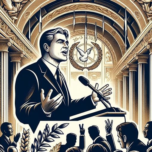 Create an illustration of Robert Schuman giving a speech in a historic European setting, representing unity in post-war Europe, with symbols of peace and cooperation in the background.