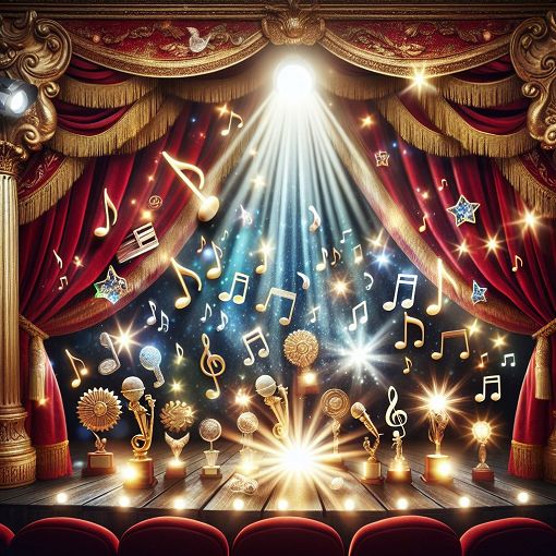 A vibrant and colorful depiction of a theatrical stage with musical notes floating around, featuring a spotlight shining on an array of musical theater awards.