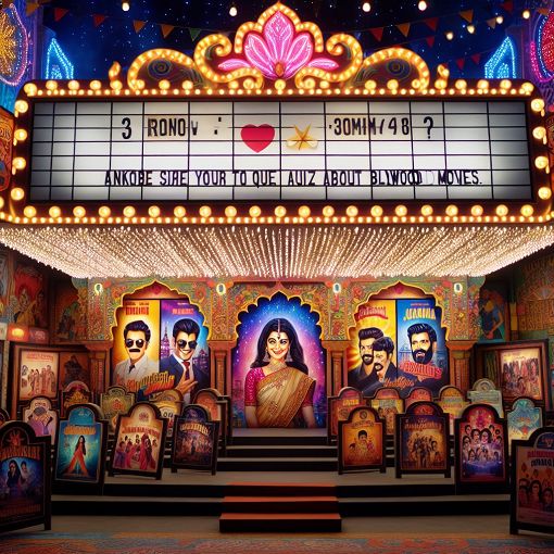 Create an image of a colorful movie theater marquee with Bollywood movie posters in the background, filled with iconic scenes and characters, inviting viewers to play a quiz about Bollywood movies.