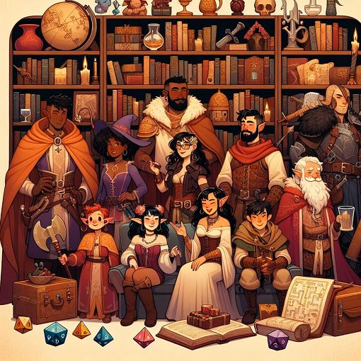 A whimsical illustration featuring various fantasy characters, a cozy bookshelf, and elements representing quirky personalities related to Rusty Quill Gaming.