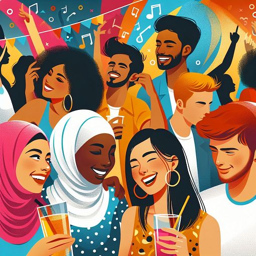 A vibrant and colorful illustration of a group of diverse young people at a trendy social gathering, enjoying drinks and music, reflecting different personality types in a fun and lively environment.