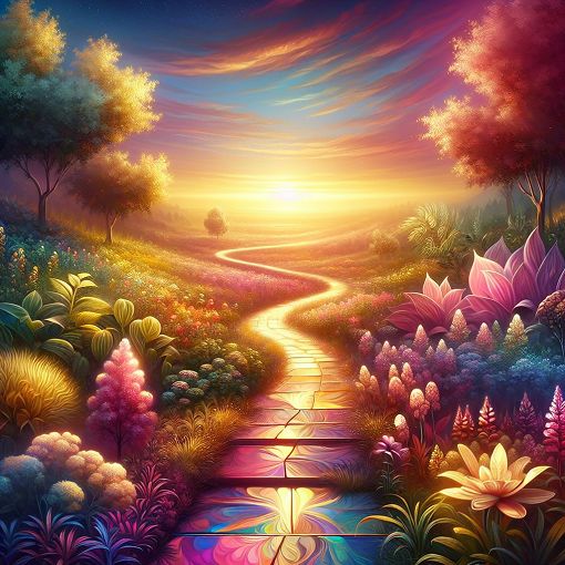 A reflective, serene landscape with a path leading to a bright horizon, symbolizing self-discovery and moral introspection