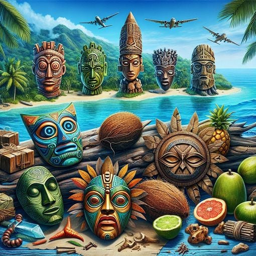 A vibrant and colorful illustration featuring iconic symbols from the reality show Survivor, such as tribal masks, immunity idols, and the lush islands where the game takes place.