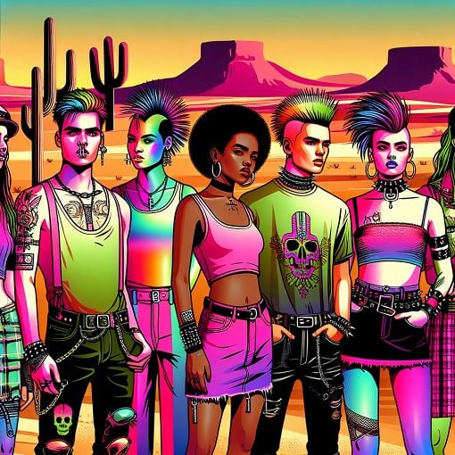 a vibrant and artistic illustration of a desert landscape with punk-inspired characters in colorful outfits, neon shades, and unique hairstyles embodying the spirit of 'killjoys', digital art