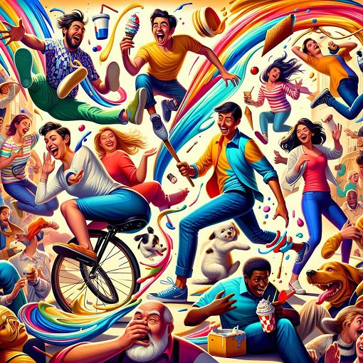 A vibrant and chaotic scene depicting different personalities engaging in various chaotic situations, with a humorous and light-hearted atmosphere.