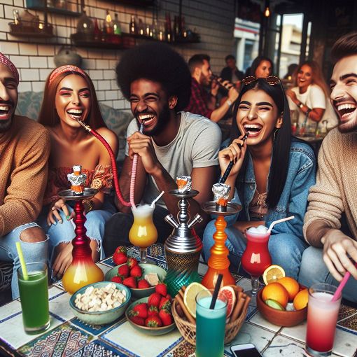 A vibrant and lively cafe scene featuring a group of friends enjoying flavored hookah, laughter, and a relaxed atmosphere, with colorful drinks and snacks on the table