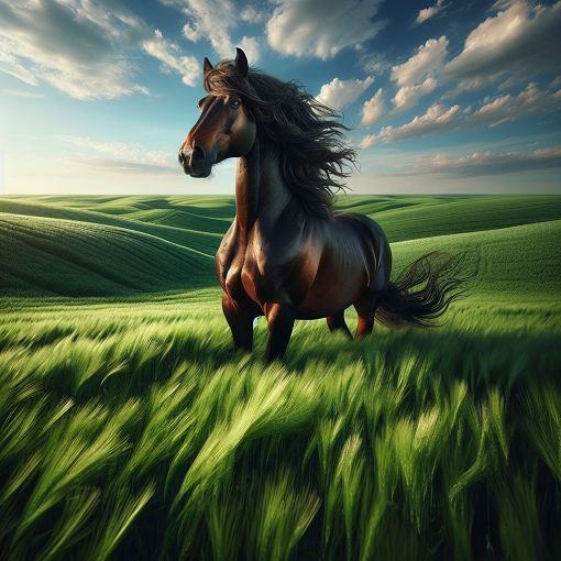 A majestic horse standing in a lush green field under a clear blue sky, with a soft golden light highlighting its features.