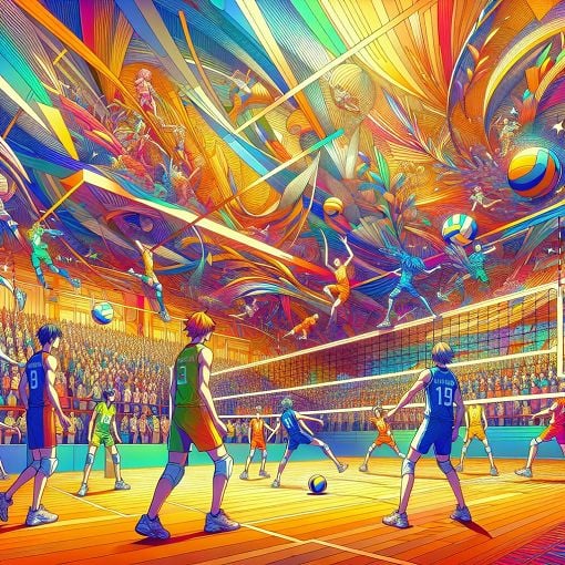 A vibrant illustration of a volleyball court with characters resembling anime sports personalities, colorful team jerseys, and an energetic environment, capturing the essence of teamwork and fun.