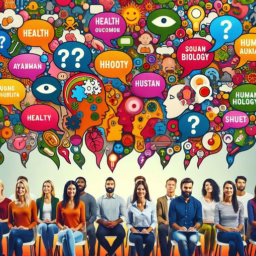 Create an engaging and vivid illustration depicting a diverse group of people taking a fun quiz, with thought bubbles showing the questions about health, history, and human biology, set in a colorful and inviting space.