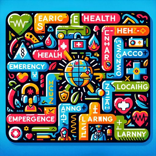 A colorful illustration of a quiz on vocabulary, featuring words related to health, emergencies, and learning, with icons representing various languages.