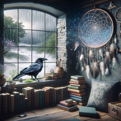 A cozy reading nook filled with books, a window with rain outside, and elements from the Raven Cycle and Dreamer Trilogy, like a raven and a dream catcher. The atmosphere should feel mystical and inviting.