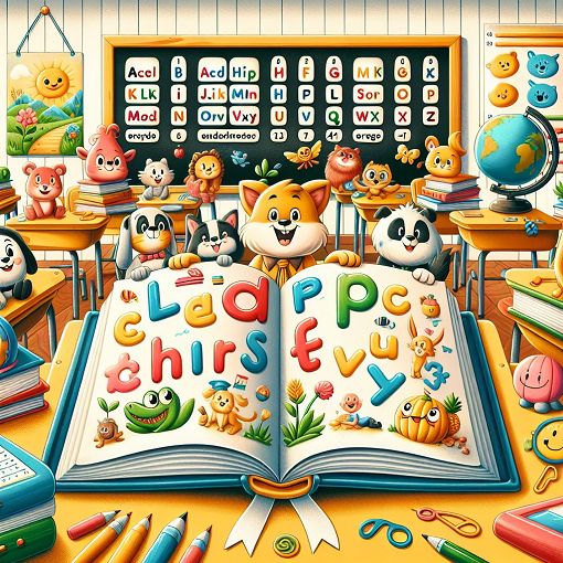 An educational and colorful illustration featuring an open book with phonics-related words and images, surrounded by playful characters like animals and letters, in a bright classroom setting.