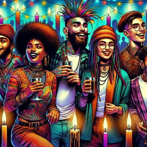 A vibrant, colorful illustration of a diverse group of young adults at a lively party, showcasing different styles and personalities, with a candle-themed background.