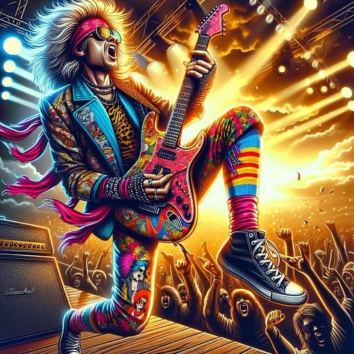 A vibrant digital illustration of a rock musician from the 1980s, featuring flamboyant clothing, electric guitars, and a lively stage background, capturing the essence of the rock 'n' roll era.