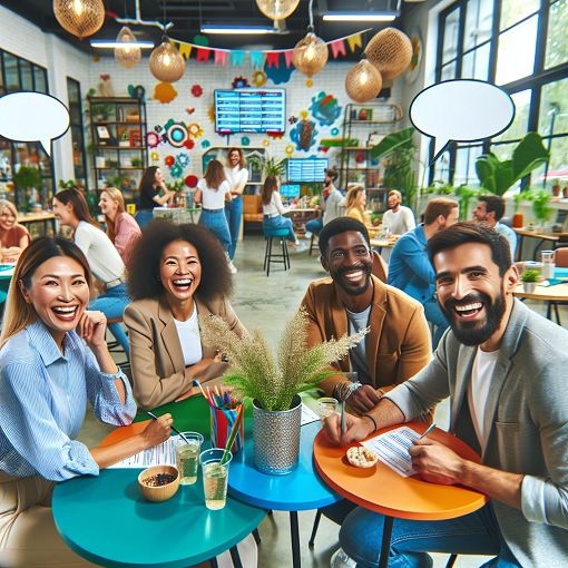 Create an image of a diverse group of colleagues having fun together in an office setting while engaged in a quiz game, colorful and cheerful atmosphere