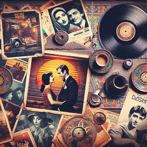 Create an image depicting a vibrant, nostalgic scene inspired by Turkish cinema and music, featuring elements like old movie posters, vinyl records, and traditional coffee cups to embody the essence of Deniz and Ya??z's story.