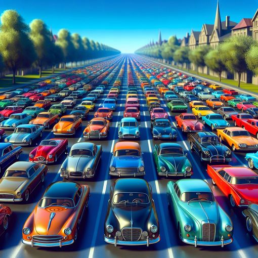 A vibrant illustration of a diverse array of cars on a scenic road, showcasing various car types and bright colors under a clear blue sky, emphasizing automotive culture and knowledge.