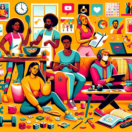 A vibrant and colorful illustration of a group of diverse friends hanging out in a cozy living room, each showcasing different personalities and styles, with playful elements that hint at quarantine activities like cooking, gaming, and video calling.