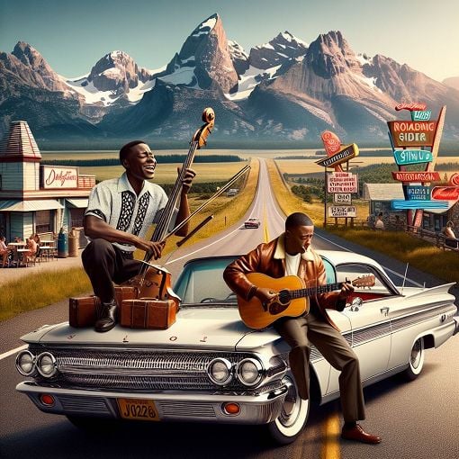 A visually striking image depicting a dynamic road trip scene from the 1960s in America, featuring a black musician and an Italian-American driver, against a backdrop of iconic American landscapes and cultural references.