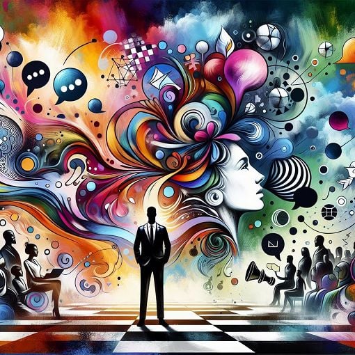 A vibrant, abstract illustration of diverse people showcasing different personality traits, including creativity, leadership, and social interaction.