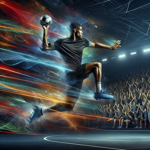 A handball player in action with a dynamic background, showcasing excitement and sportsmanship.