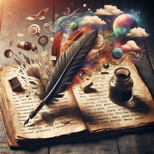 A visually engaging image depicting various poetry elements, such as stanzas, imagery, and metaphors, creatively represented within an artistic backdrop of a notebook and a quill pen.