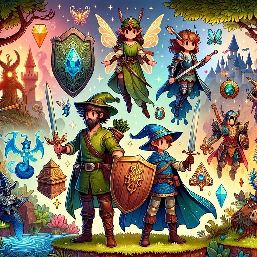 A whimsical illustration featuring various Link characters from different Zelda games, set in a colorful fantasy landscape with magical elements.