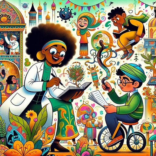 A vibrant and playful illustration featuring diverse characters in quirky and humorous situations, reflecting different personality traits and styles, with colorful backgrounds and a touch of whimsy.