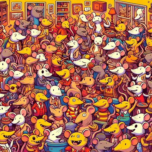 A vibrant and whimsical illustration of various cartoon rats embodying different personalities and styles, set in a cozy, playful room. Use bright colors and a fun atmosphere to capture the essence of a quirky community.