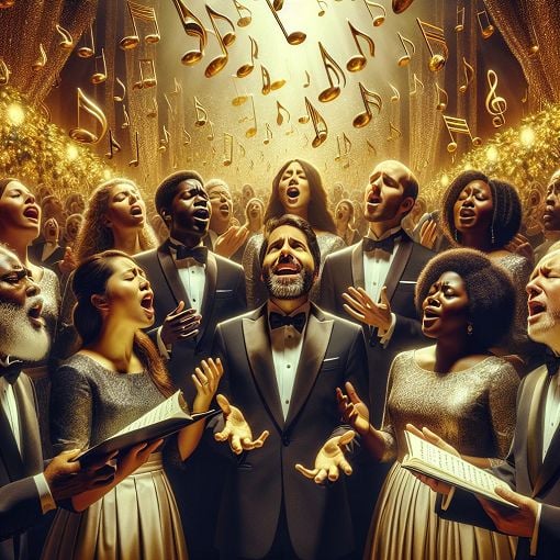 A vibrant choir scene featuring diverse singers harmonizing passionately, with a backdrop of musical notes and a festive atmosphere.