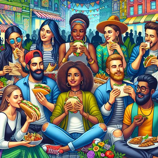 A colorful and vibrant illustration of a diverse group of friends enjoying snacks and having fun in a whimsical urban setting, with elements representing different personalities and lifestyles.