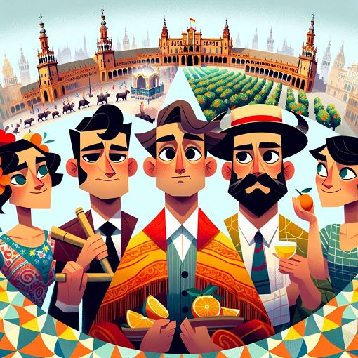 A vibrant, cartoon-style illustration of four quirky characters representing various Sevillian traits and lifestyles, with a colorful background of Sevilla's iconic landmarks like the Giralda and Plaza de España.