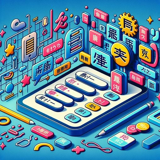 A vibrant and colorful illustration of a quiz screen with Japanese characters and symbols, showcasing a fun and engaging learning environment.