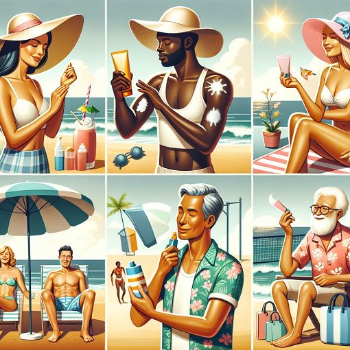 A visually engaging image of a diverse group of people enjoying the sun while applying sunscreen, with a background that includes sunny weather and beach elements, highlighting both sun safety and awareness of skin health.