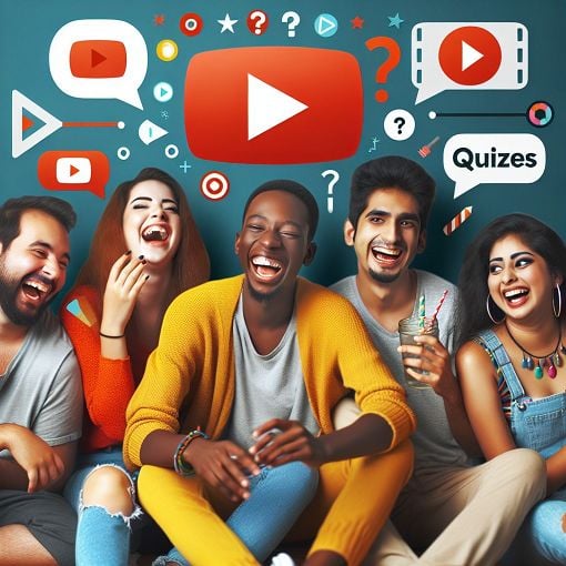 A vibrant, colorful image featuring a stylized group of friends engaging in various humorous activities, with elements representing YouTube and quizzes, such as play buttons and question marks.