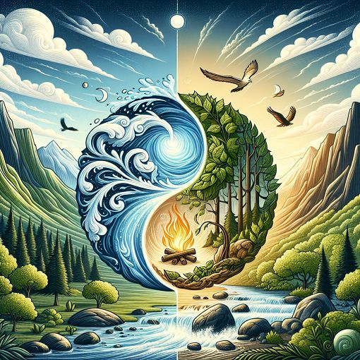 A serene landscape that merges different elements of nature, including water, fire, air, and earth, depicting a balance of harmony and adventure.